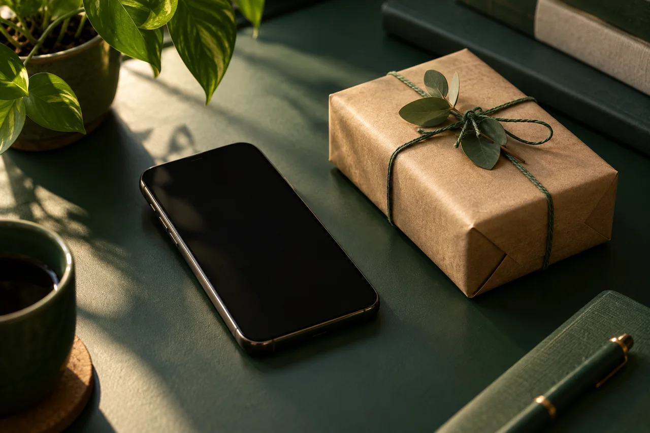 A phone beside a wrapped order on a deep green desk